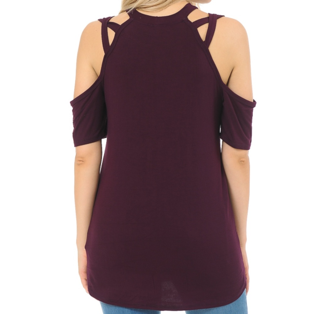 PLUM COLD SHOULDER TOP WITH CROSS STRIPE DETAIL